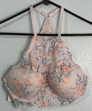 Victoria’s Secret PINK Push Up Bra L Floral Lace High Neck Racerback Bralette